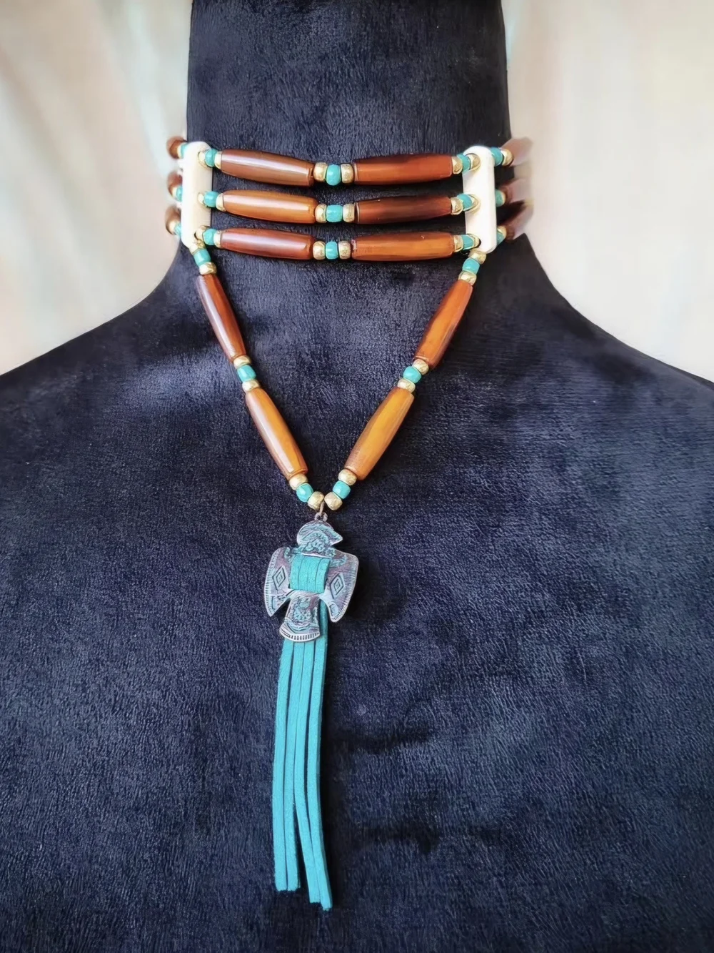 Turquoise Tassel Brown Bead Native-Inspired Necklace